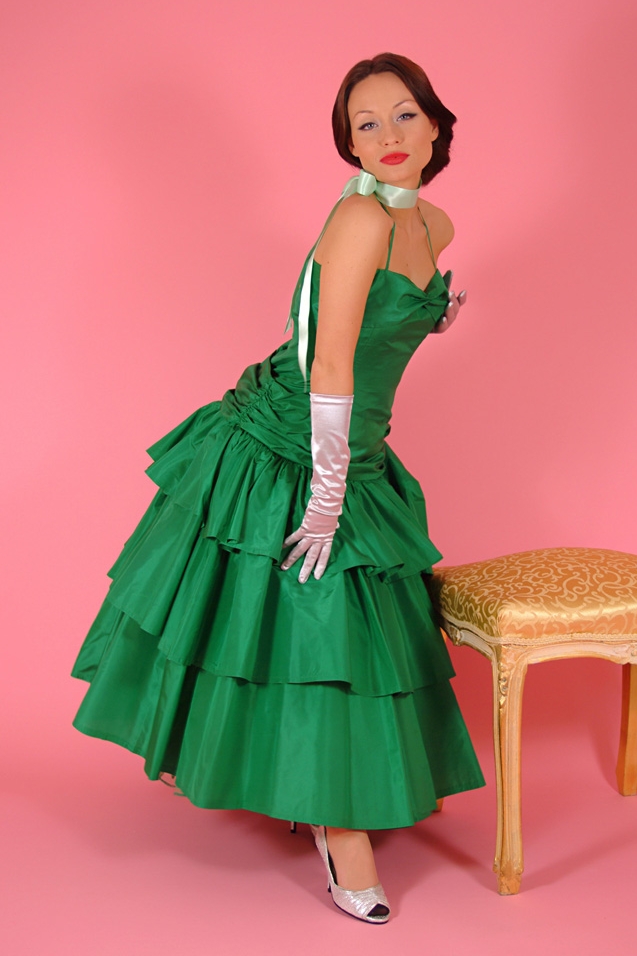 Brunette Pin Up Carla Brown wearing Green Long Silk Dress and White Satin Gloves